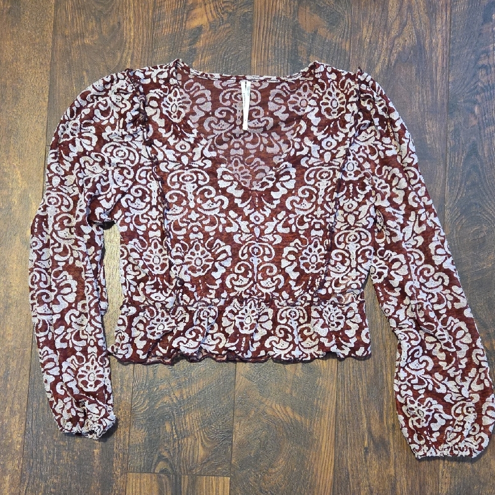 Anthropologie Long-Sleeve Burgundy and White Floral Crop Top